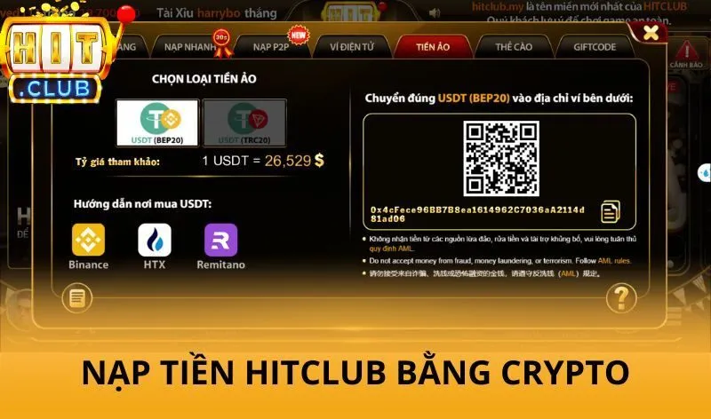 Nạp tiền Hitclub bằng Crypto / USDT