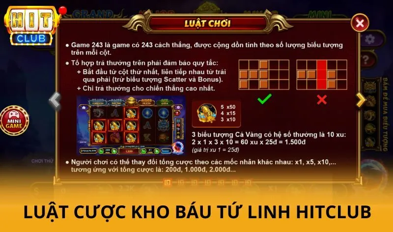 Kho báu tứ linh Hitclub - Game slot săn thưởng thần thoại nổ hũ cực lớn 3 Luật cược Kho báu tứ linh Hitclub